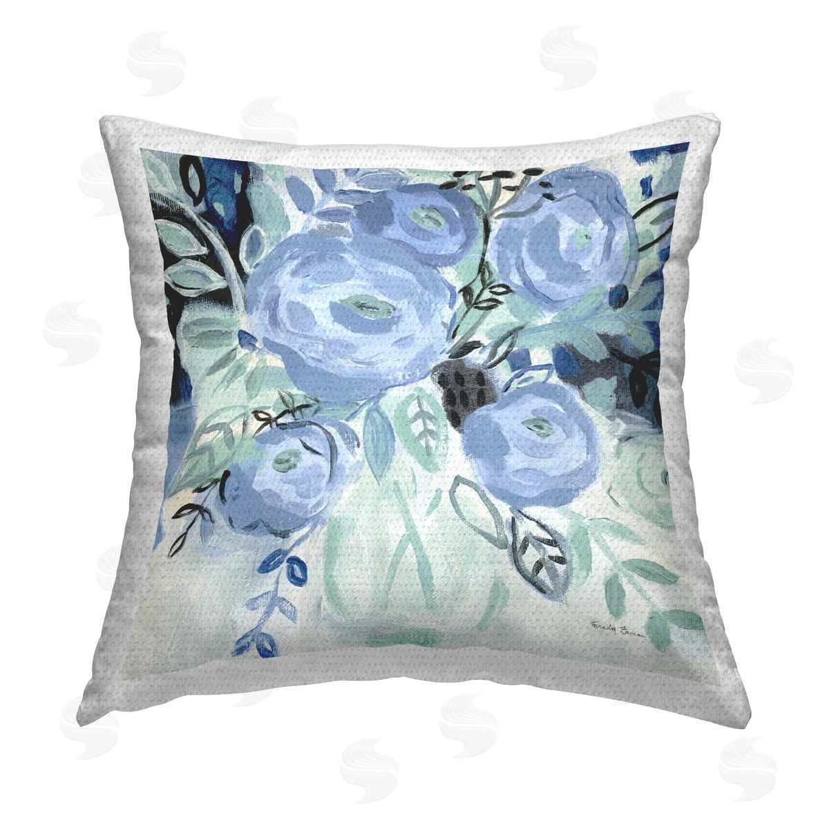 Farida Zaman Blue Coastal Blooms Outdoor Quick-Dry Polyester Printed Throw Pillow