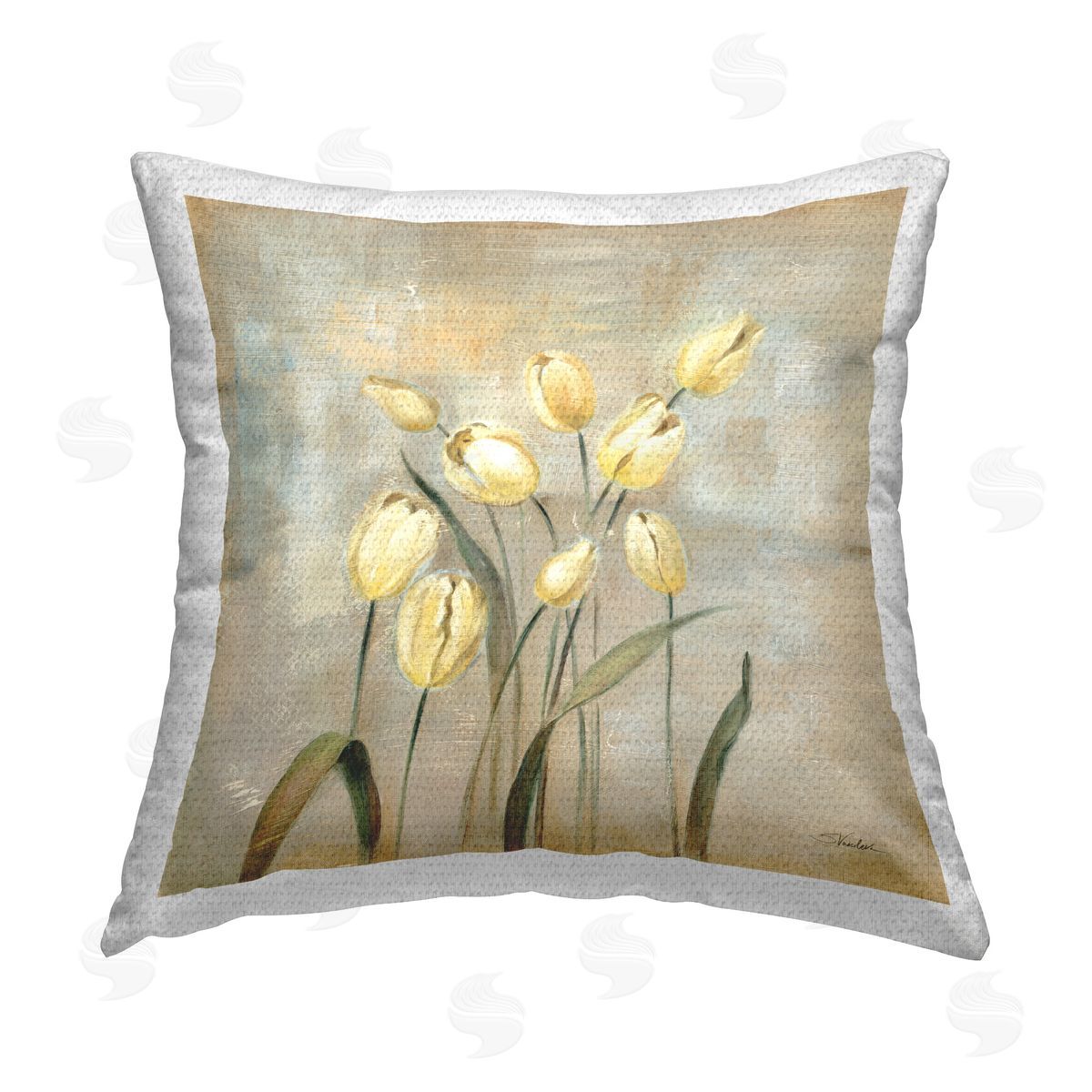 Silvia Vassileva Yellow Tulips on Beige Outdoor Quick-Dry Polyester Printed Throw Pillow