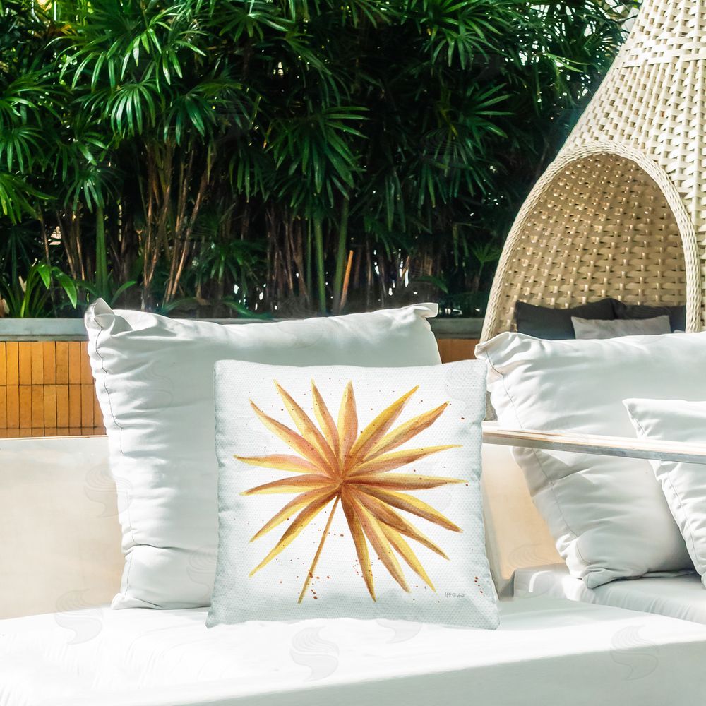 Yvette St. Amant Golden Palm Frond Outdoor Quick-Dry Polyester Printed Throw Pillow in Back Yard