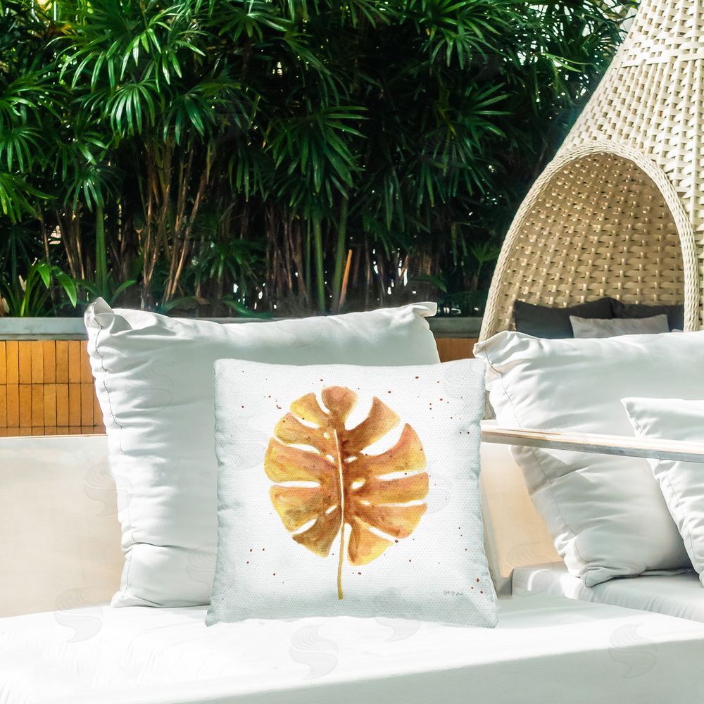 Yvette St. Amant Golden Palm Leaf Outdoor Quick-Dry Polyester Printed Throw Pillow in Back Yard