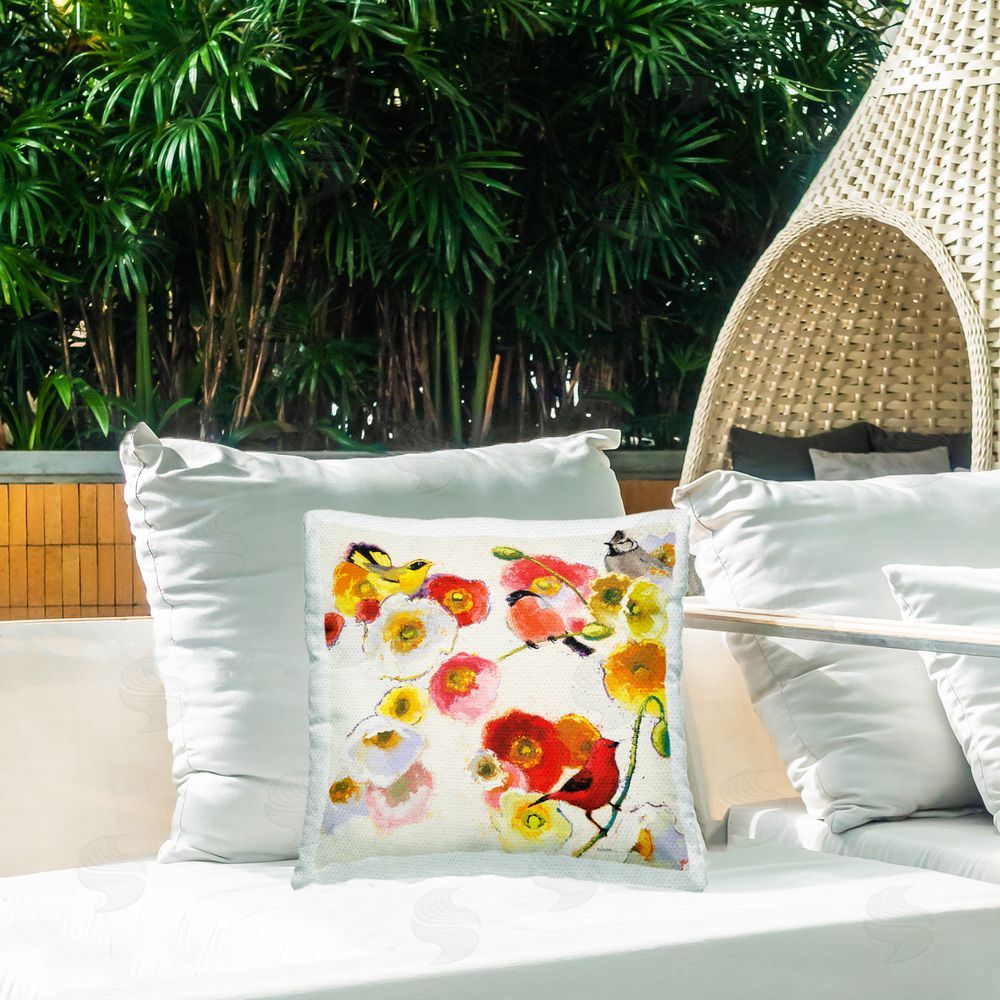 Shirley Novak Four Birds Perched Outdoor Quick-Dry Polyester Printed Throw Pillow in Back Yard