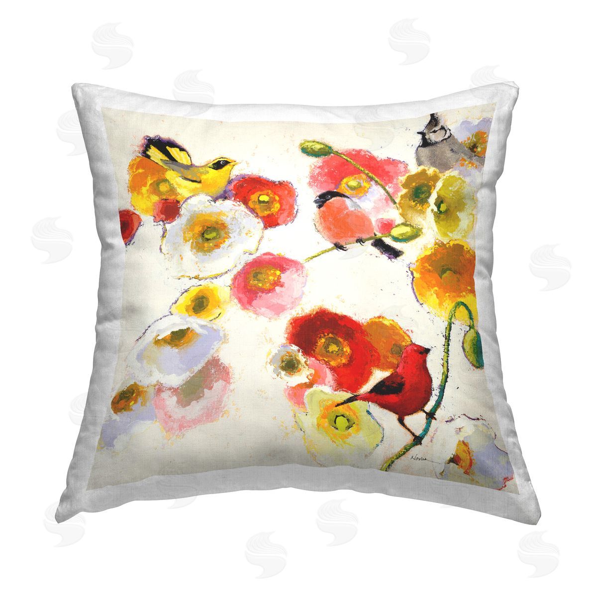Shirley Novak Four Birds Perched Printed Plush Polyester Throw Pillow