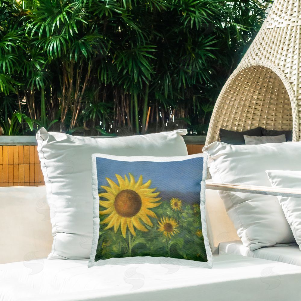 David Swanagin Mellow Sunflower Garden Outdoor Quick-Dry Polyester Printed Throw Pillow in Back Yard