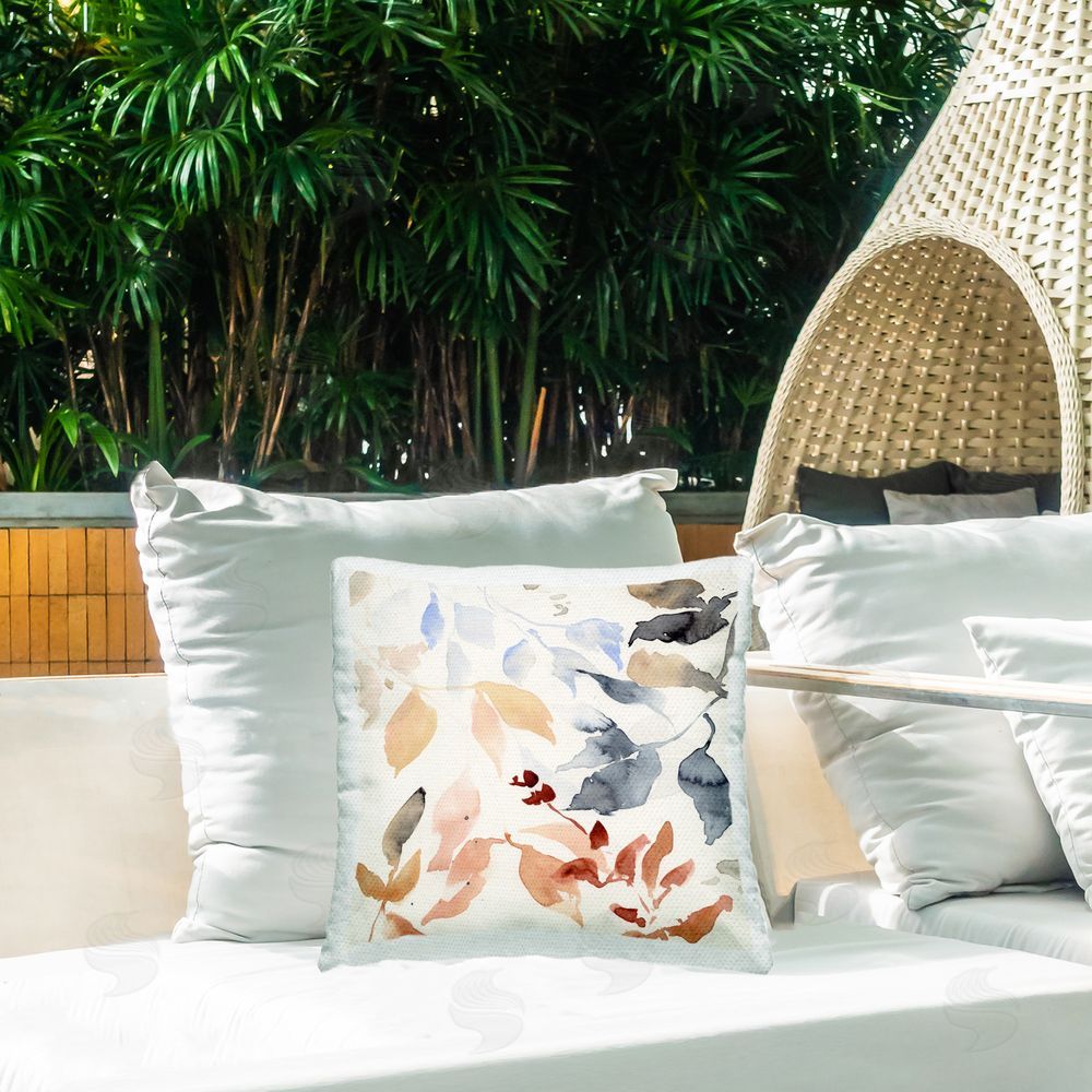 Victoria Barnes Neutral Harvest Leaves Outdoor Quick-Dry Polyester Printed Throw Pillow in Back Yard