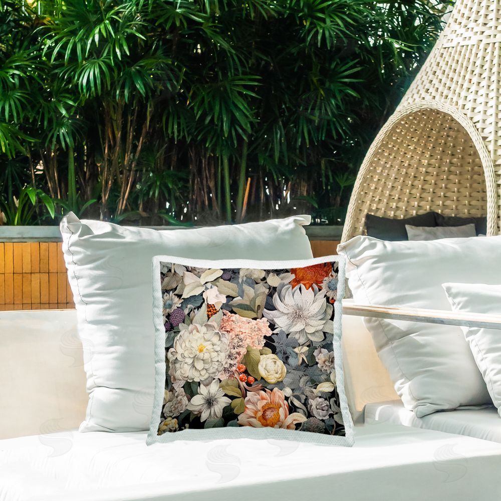 Lazar Studio Grey Mixed Botanicals Outdoor Quick-Dry Polyester Printed Throw Pillow in Back Yard