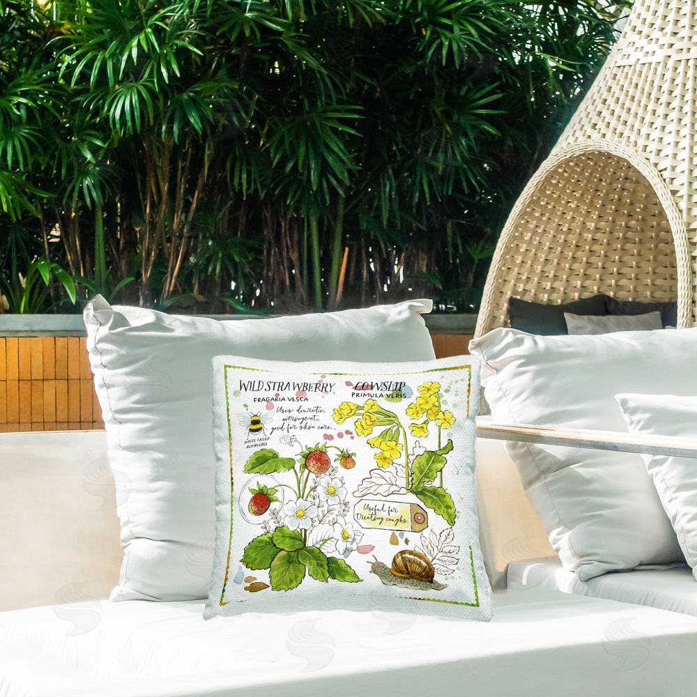 Jane Maday Strawberry & Florals Uses Outdoor Quick-Dry Polyester Printed Throw Pillow in Back Yard