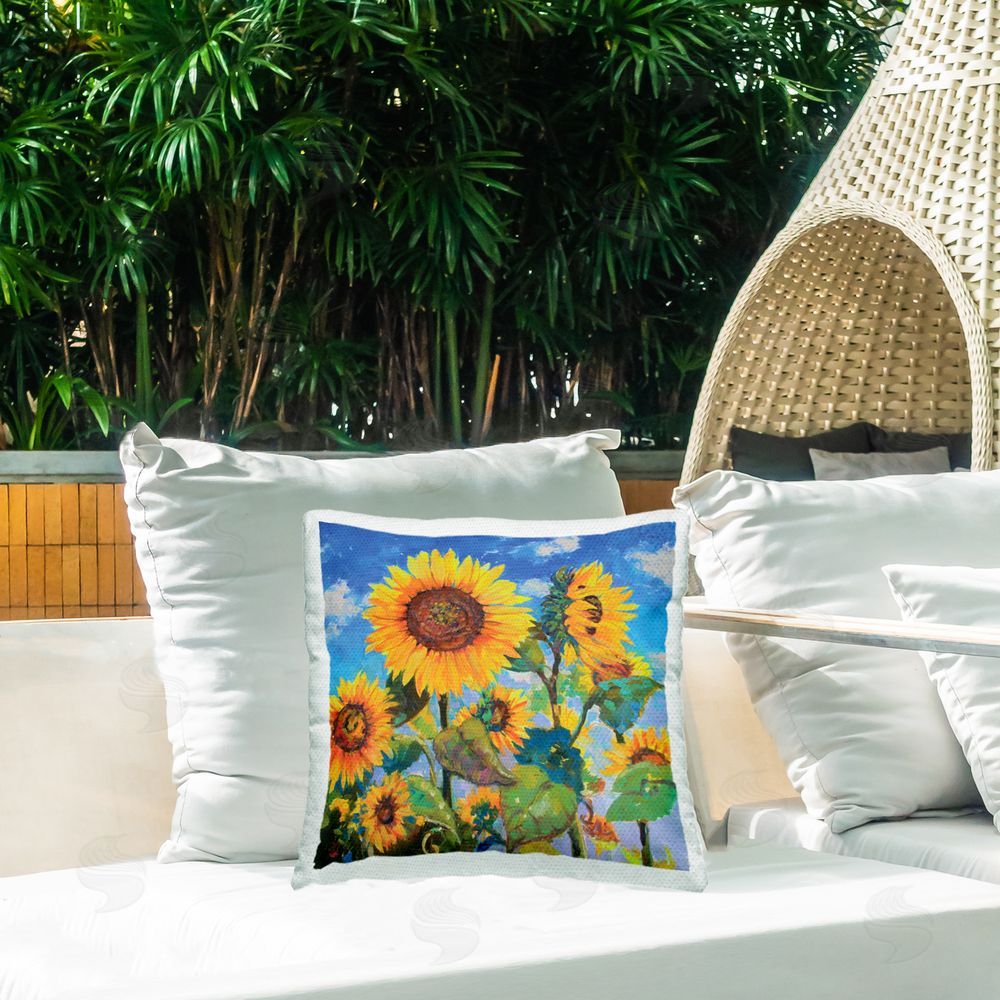 Catherine Elliot Lost Acres Sunflowers Outdoor Quick-Dry Polyester Printed Throw Pillow in Back Yard