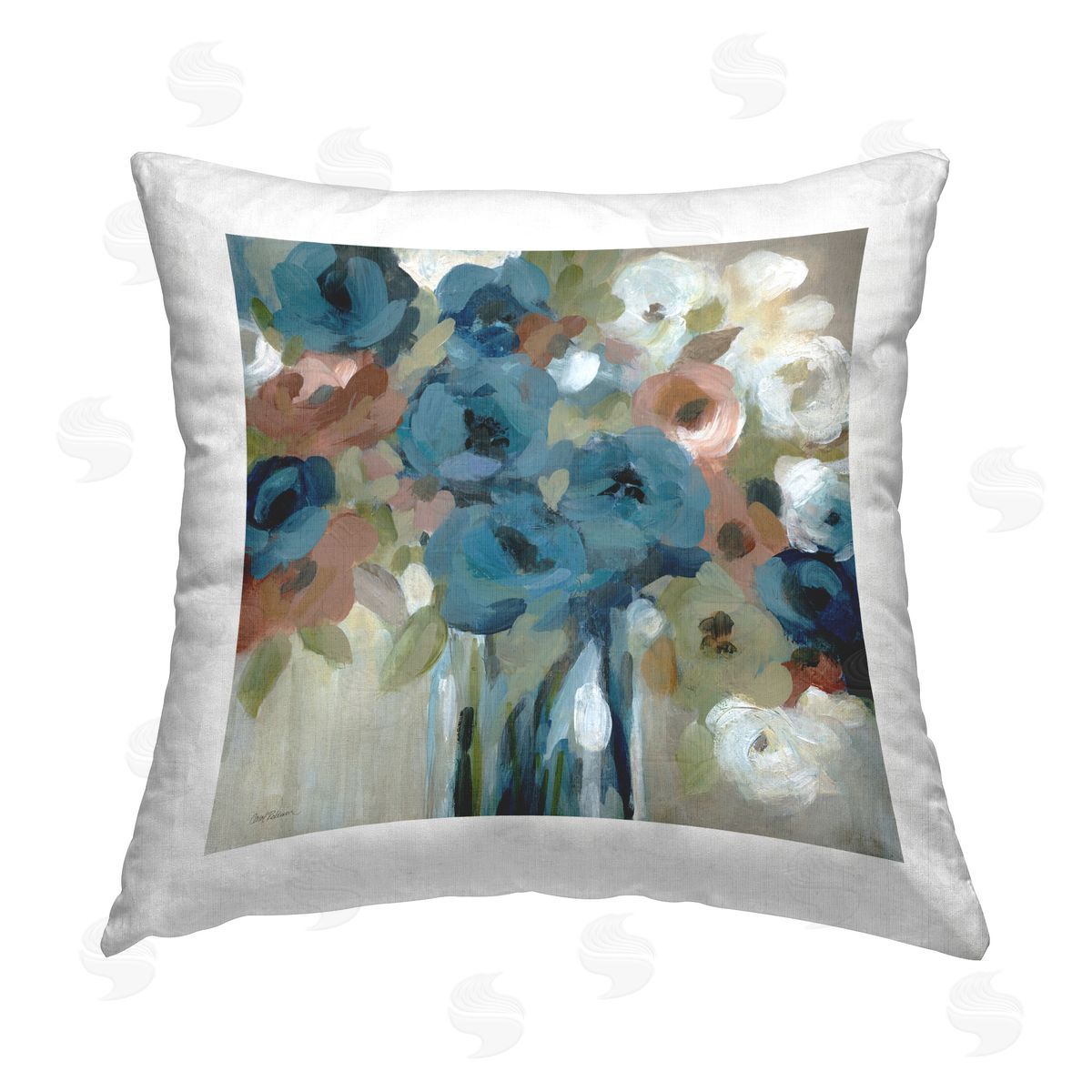 Carol Robinson Bold Blue Blooms Printed Plush Polyester Throw Pillow