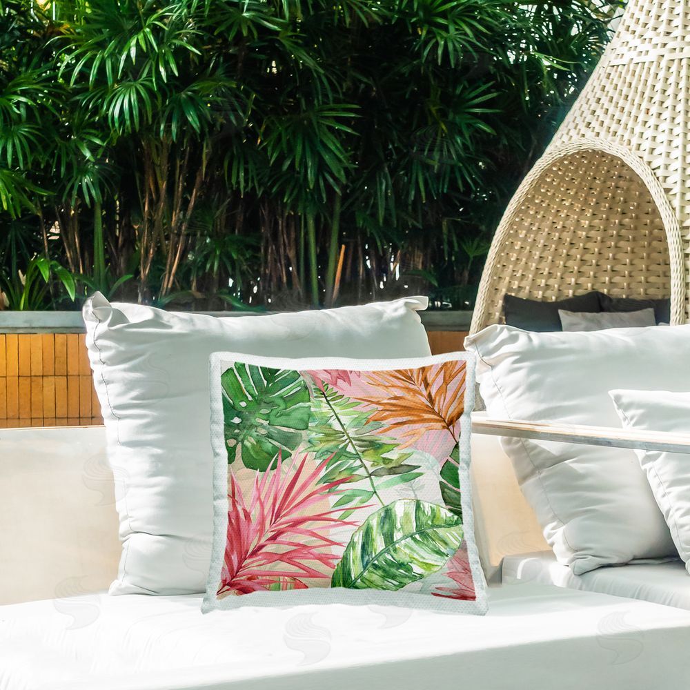 Carol Robinson Hot Tropics Leaves Outdoor Quick-Dry Polyester Printed Throw Pillow in Back Yard