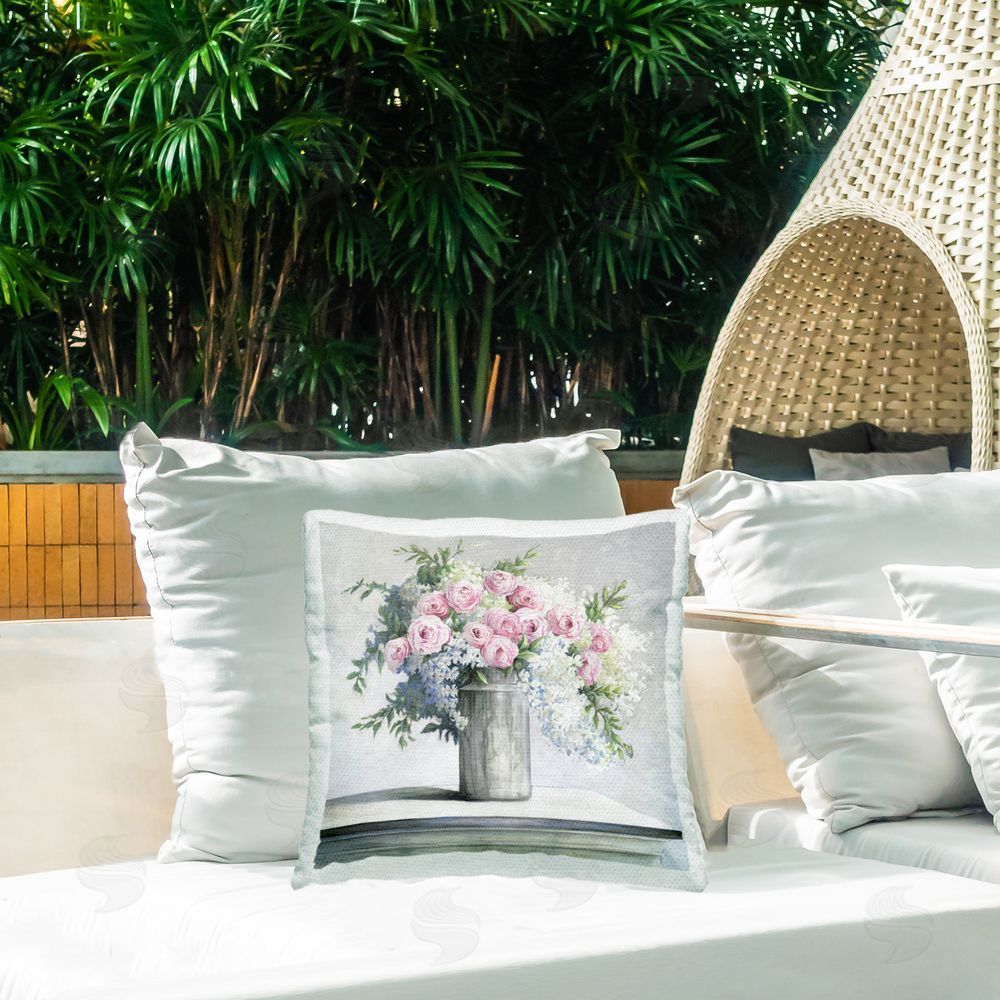 Dogwood Portfolio Soft Pink Roses Outdoor Quick-Dry Polyester Printed Throw Pillow in Back Yard