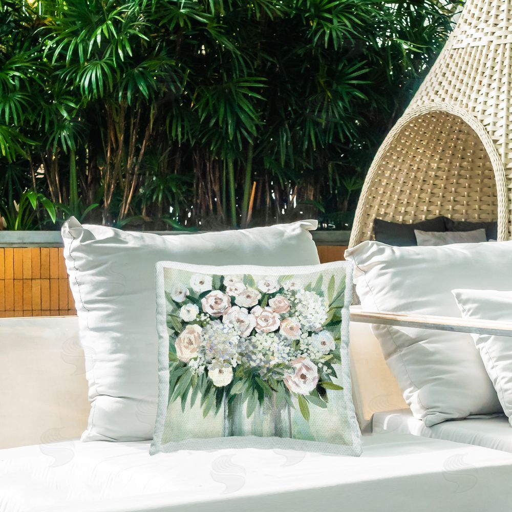 Dogwood Portfolio Charming Brushed Roses Outdoor Quick-Dry Polyester Printed Throw Pillow in Back Yard