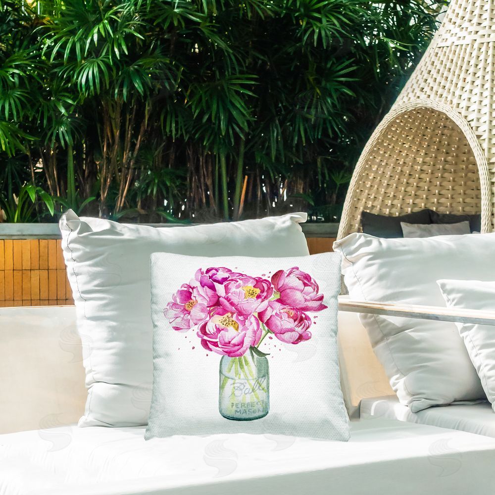 Enya Todd Pink Peony Jar Outdoor Quick-Dry Polyester Printed Throw Pillow in Back Yard