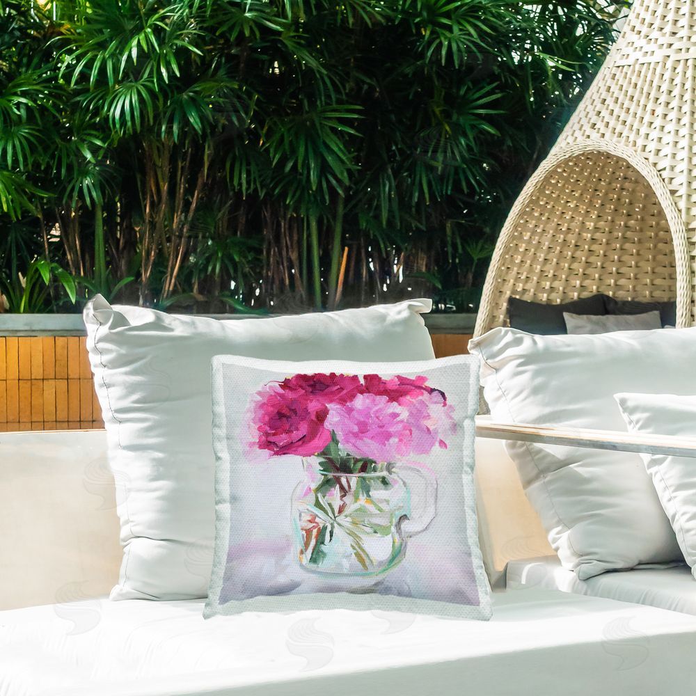 Jenny Westenhofer Pretty In Pink Peonies Outdoor Quick-Dry Polyester Printed Throw Pillow in Back Yard