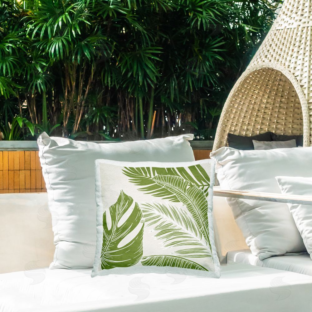 Kim Allen Green Overlapping Palms Outdoor Quick-Dry Polyester Printed Throw Pillow in Back Yard