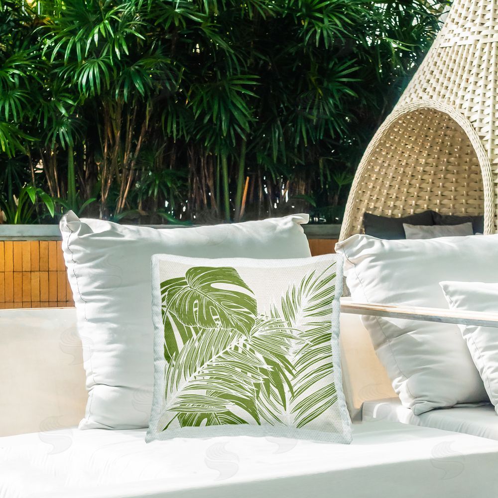 Kim Allen Green Layered Palms Outdoor Quick-Dry Polyester Printed Throw Pillow in Back Yard