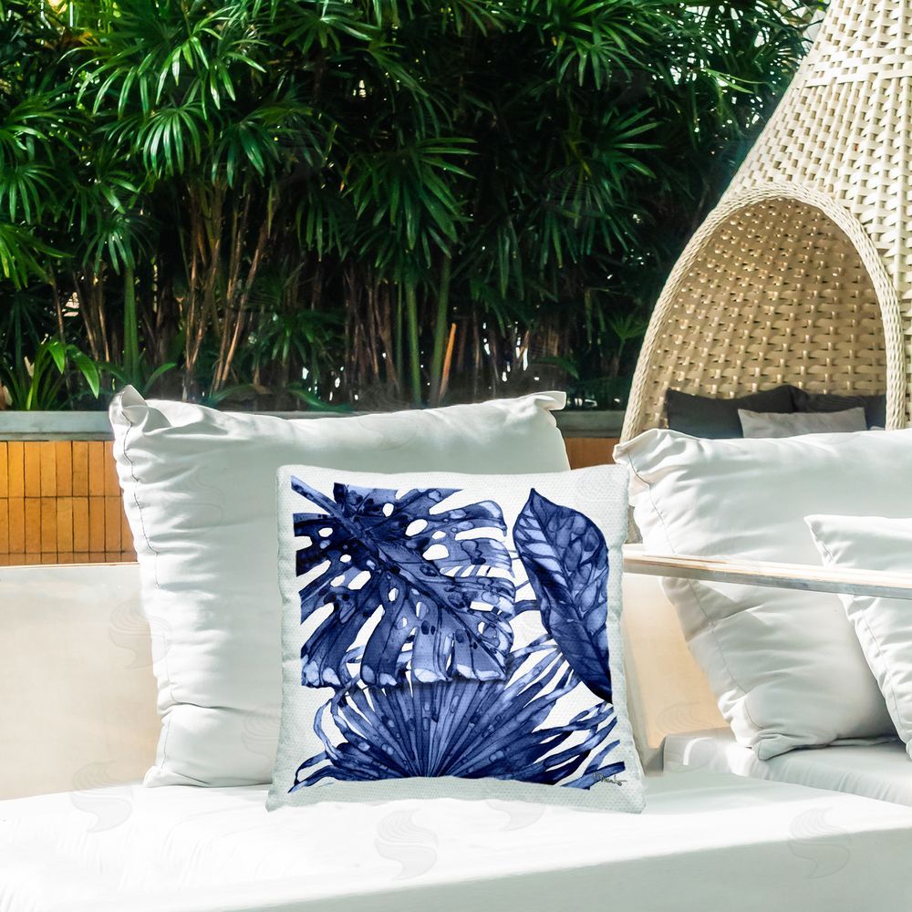 Paul Brent Blue Hued Palms Outdoor Quick-Dry Polyester Printed Throw Pillow in Back Yard