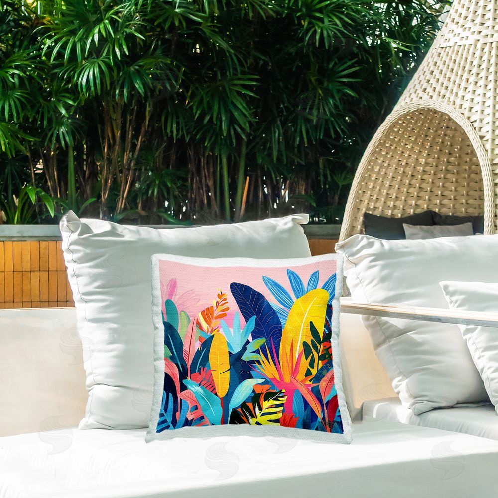 Roozbeh Bahramali Bold Tropical Jungle Leaves Outdoor Quick-Dry Polyester Printed Throw Pillow in Back Yard