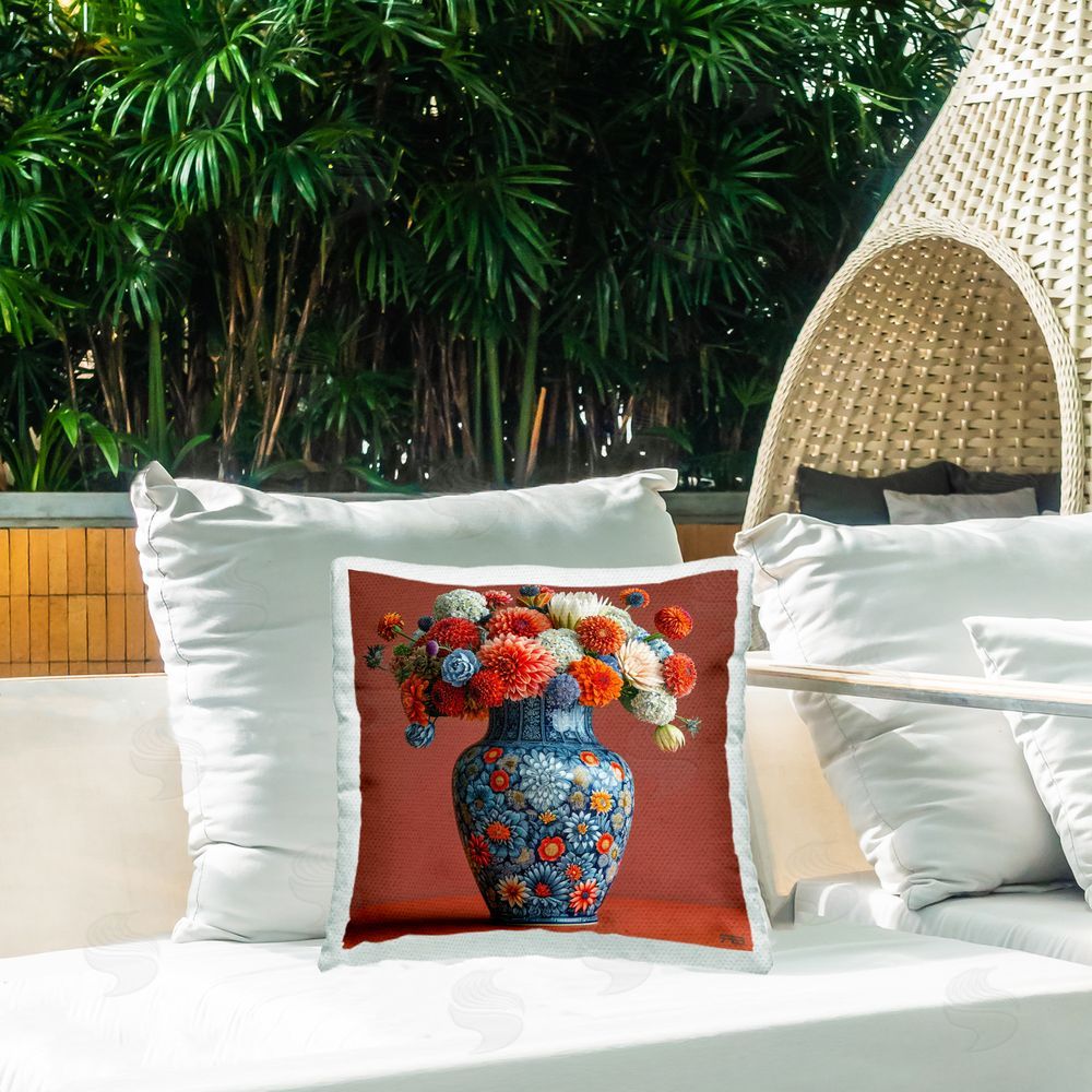 Roozbeh Bahramali Adorn Dahlia Bouquet Outdoor Quick-Dry Polyester Printed Throw Pillow in Back Yard