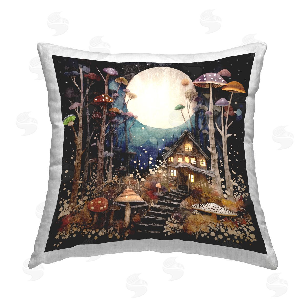 Sasha Whimsical Mushroom Cottage Printed Plush Polyester Throw Pillow