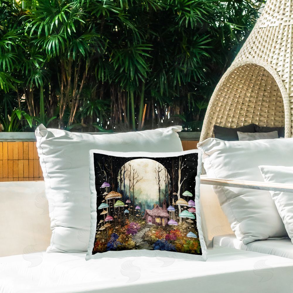 Sasha Quirky Mushroom Forest Outdoor Quick-Dry Polyester Printed Throw Pillow in Back Yard