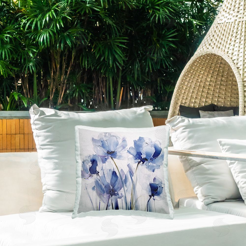 Sasha Abstract Blue Tulips Outdoor Quick-Dry Polyester Printed Throw Pillow in Back Yard