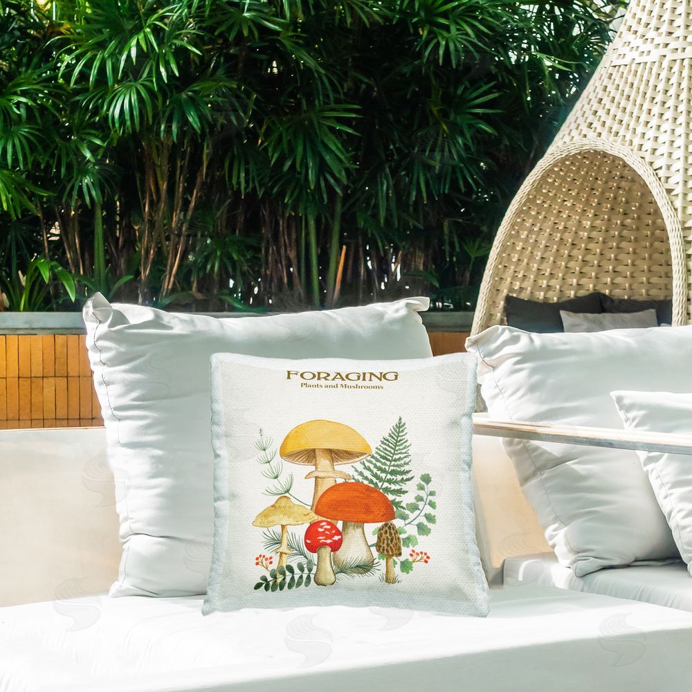 Sharon Lee Vintage Foraging Mushrooms Outdoor Quick-Dry Polyester Printed Throw Pillow in Back Yard