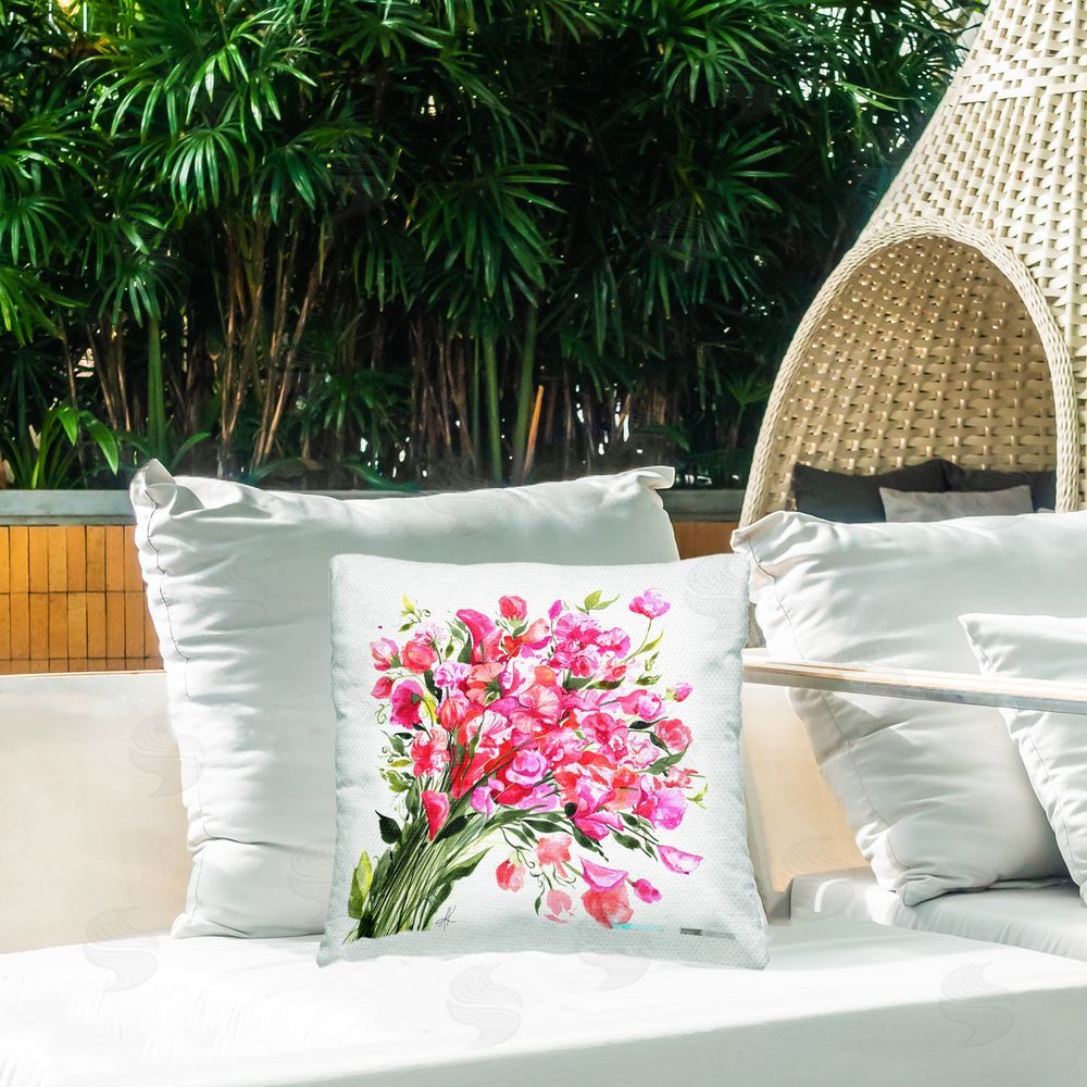 Alexandria Gilbert Kincaid Sweet Pea Bouquet Outdoor Quick-Dry Polyester Printed Throw Pillow in Back Yard