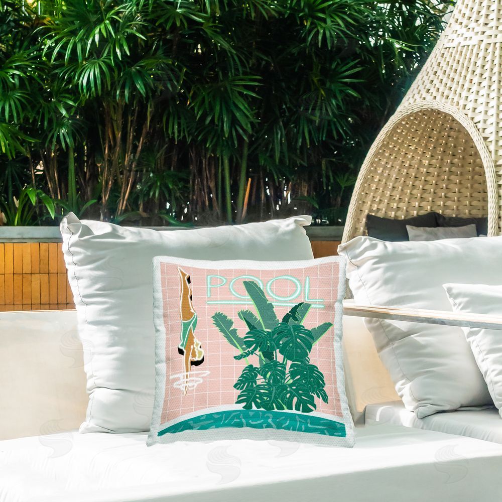 Jen Bucheli Retro Diving Pool Outdoor Quick-Dry Polyester Printed Throw Pillow in Back Yard