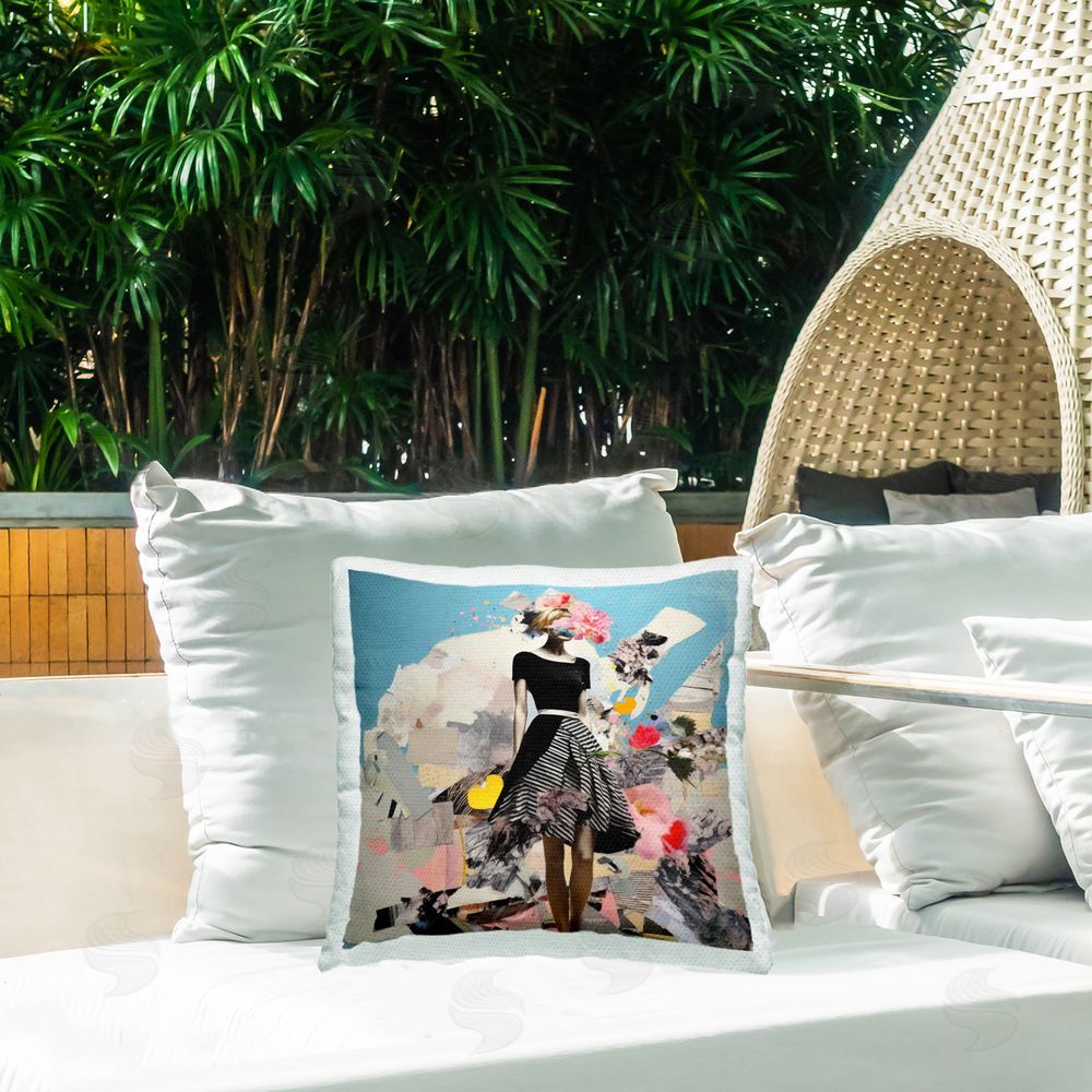 Irena Orlov Surreal Collage Woman Outdoor Quick-Dry Polyester Printed Throw Pillow in Back Yard