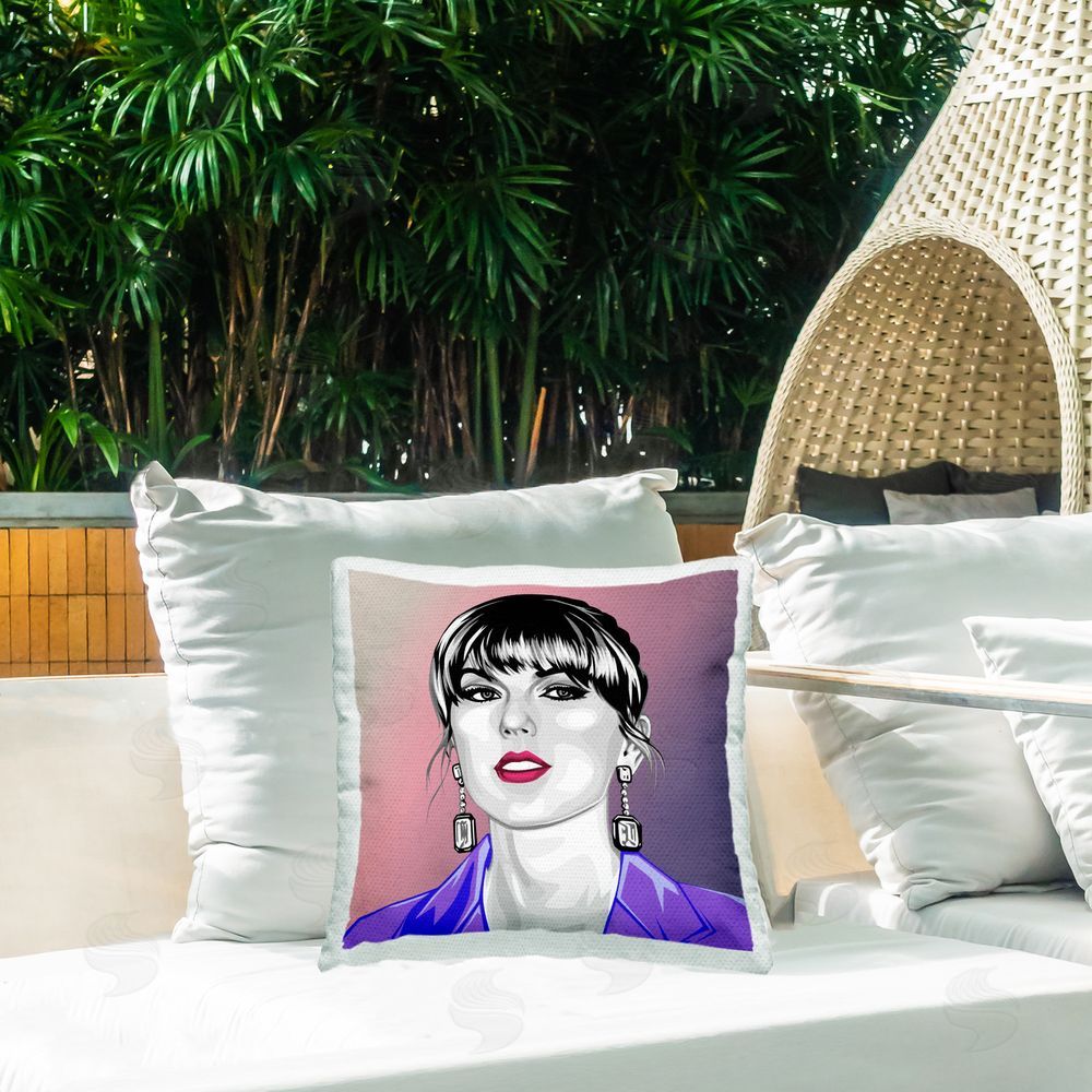 Birch & Ink Taylor Wearing Purple Outdoor Quick-Dry Polyester Printed Throw Pillow in Back Yard