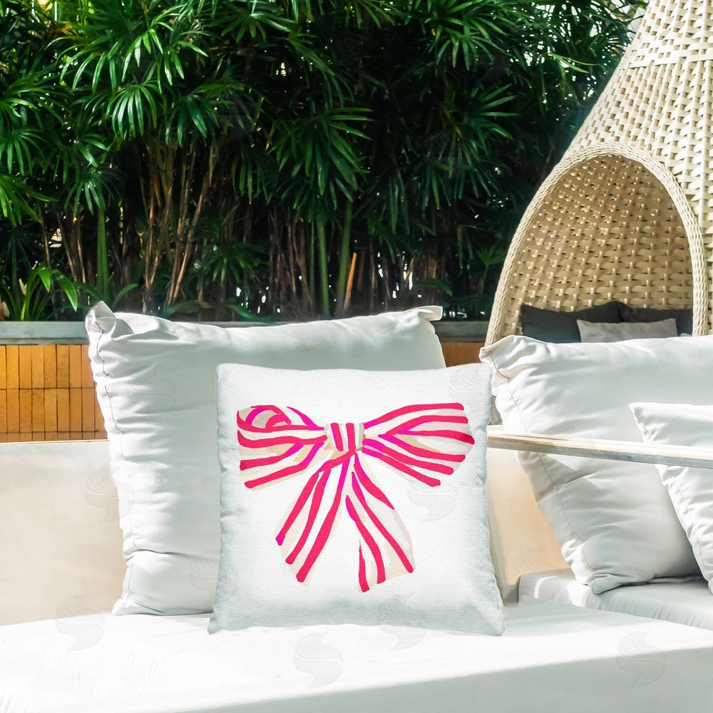 Amelia Noyes Pink Striped Bow Outdoor Quick-Dry Polyester Printed Throw Pillow in Back Yard