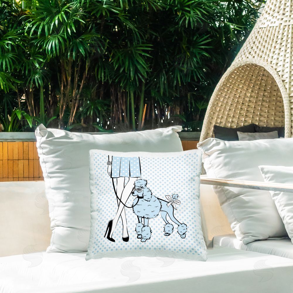 Martina Pavlova Dotted Girl & Poodle Outdoor Quick-Dry Polyester Printed Throw Pillow in Back Yard