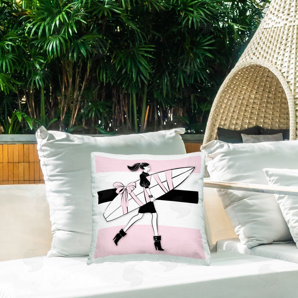 Martina Pavlova Glam Girl With Surfboard Outdoor Quick-Dry Polyester Printed Throw Pillow in Back Yard