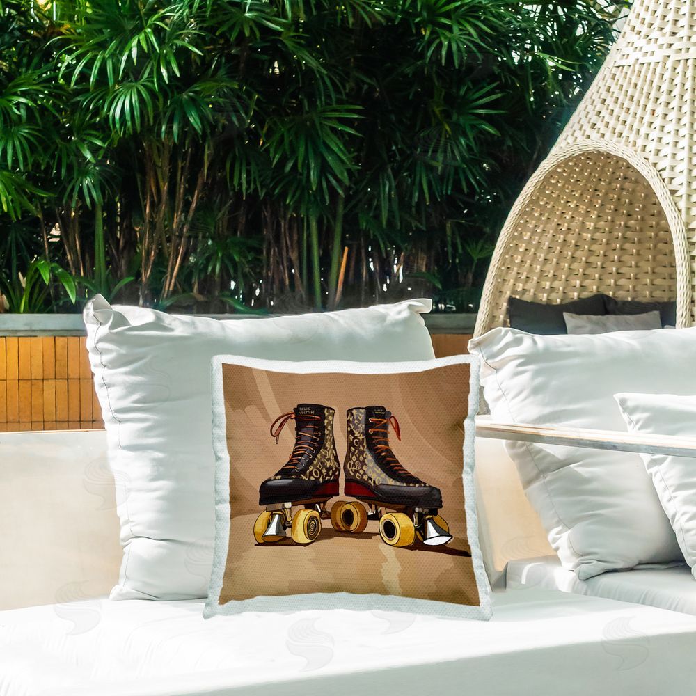 Amelia Noyes Brown Roller Skates Outdoor Quick-Dry Polyester Printed Throw Pillow in Back Yard