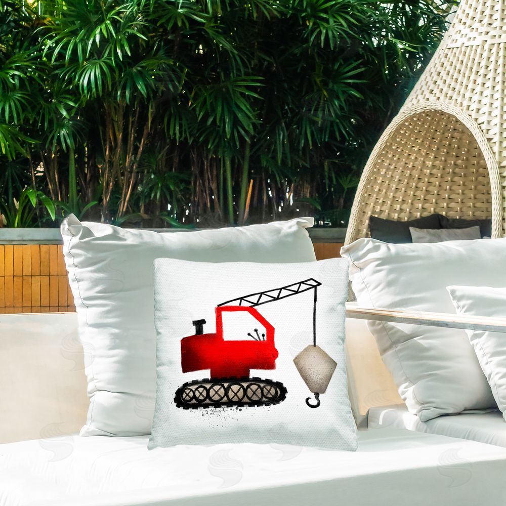 Elizabeth Medley Red Construction Vehicle Outdoor Quick-Dry Polyester Printed Throw Pillow in Back Yard