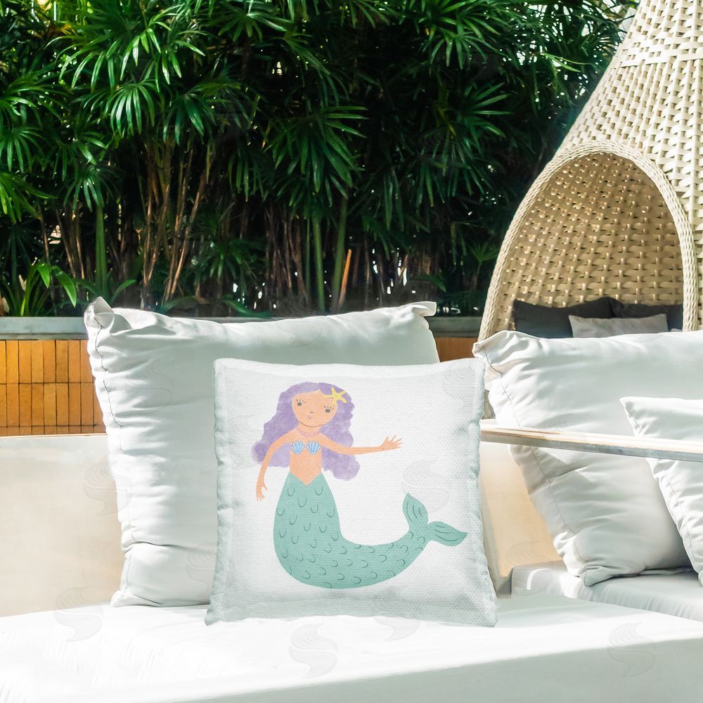 Carrie Cantwell Purple Hair Mermaid Outdoor Quick-Dry Polyester Printed Throw Pillow in Back Yard