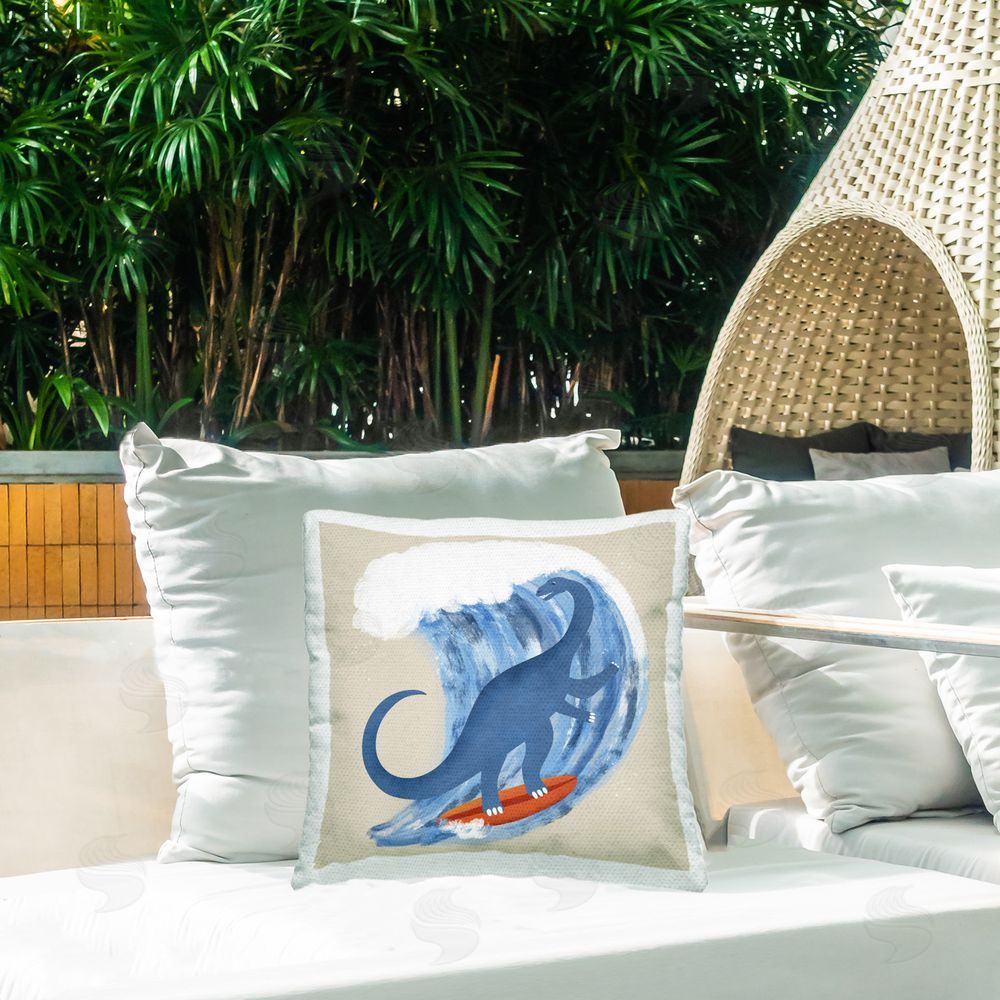 Carrie Cantwell Surfing Dino Brontosaurus Outdoor Quick-Dry Polyester Printed Throw Pillow in Back Yard