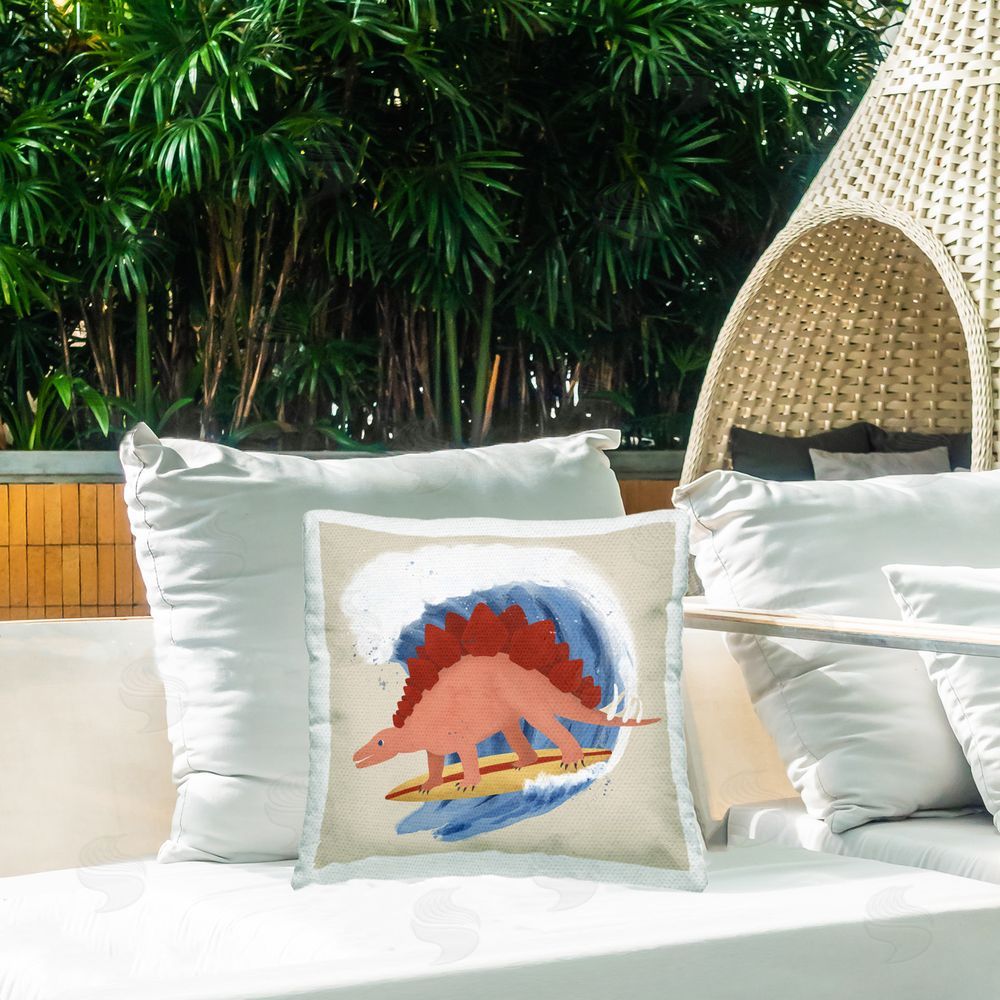 Carrie Cantwell Surfing Dino Stegosaurus Outdoor Quick-Dry Polyester Printed Throw Pillow in Back Yard