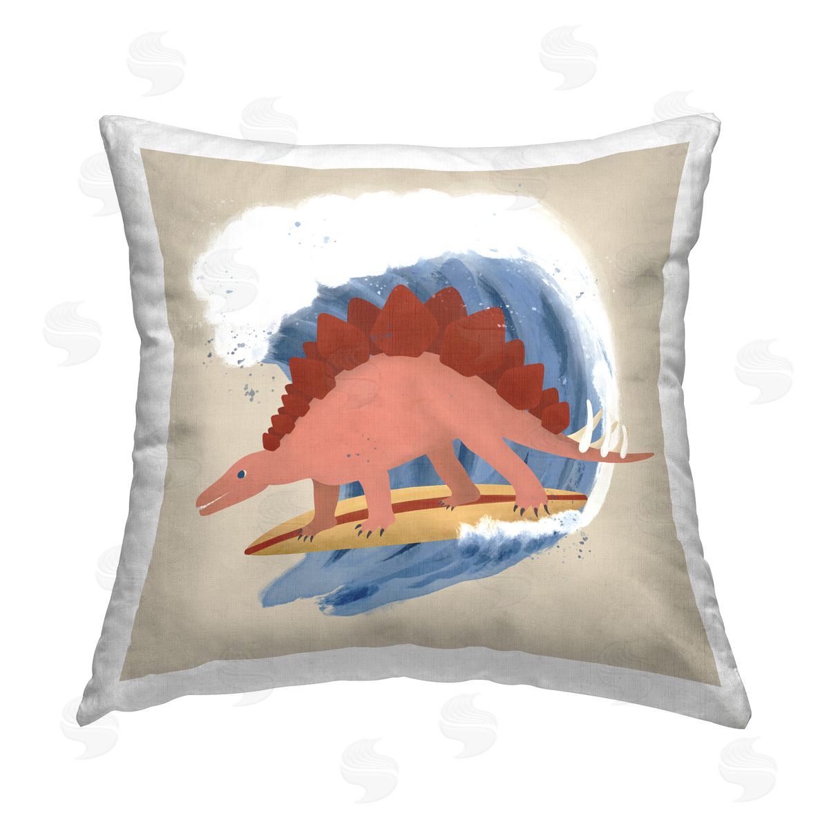 Carrie Cantwell Surfing Dino Stegosaurus Printed Plush Polyester Throw Pillow
