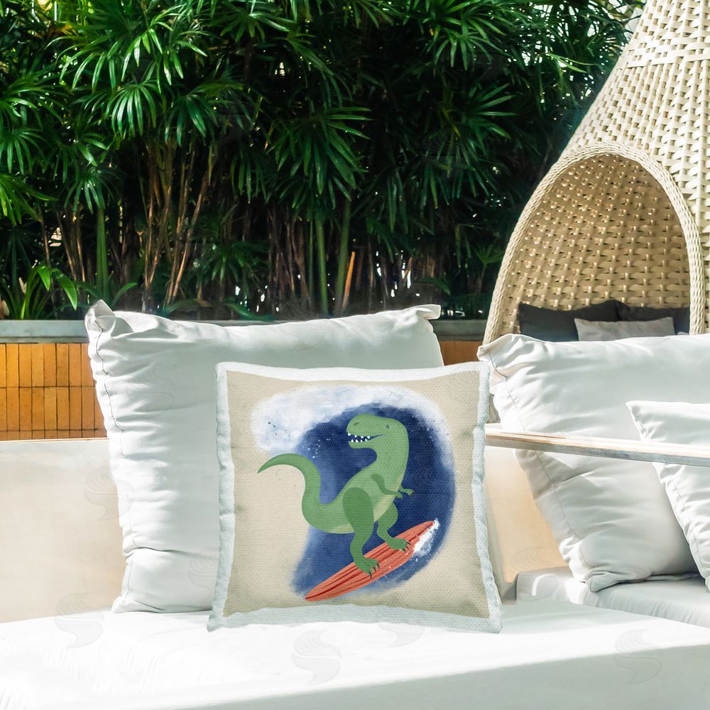 Carrie Cantwell Surfing Dino T-Rex Outdoor Quick-Dry Polyester Printed Throw Pillow in Back Yard