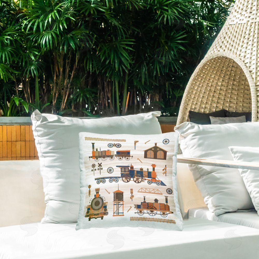 Carrie Cantwell Totally Trains Rustic Outdoor Quick-Dry Polyester Printed Throw Pillow in Back Yard