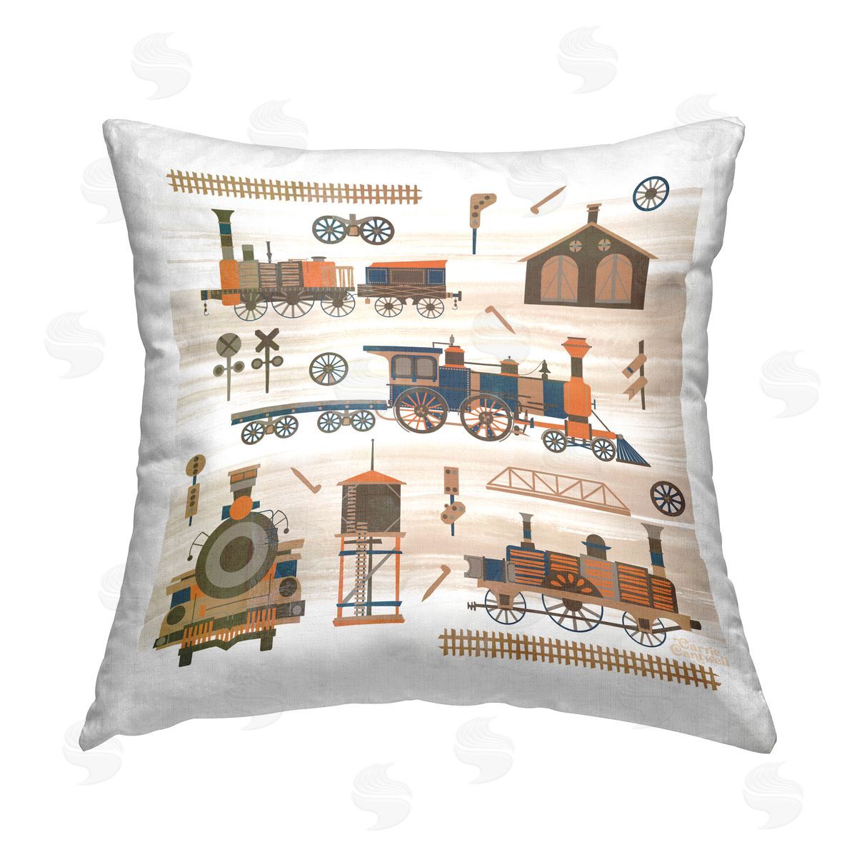 Carrie Cantwell Totally Trains Rustic Printed Plush Polyester Throw Pillow