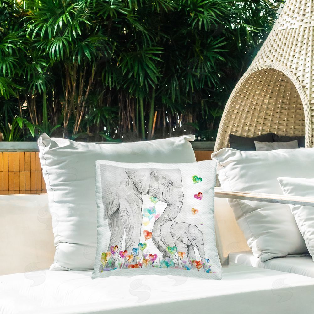 Carol Robinson Field Of Hearts Elephants Outdoor Quick-Dry Polyester Printed Throw Pillow in Back Yard