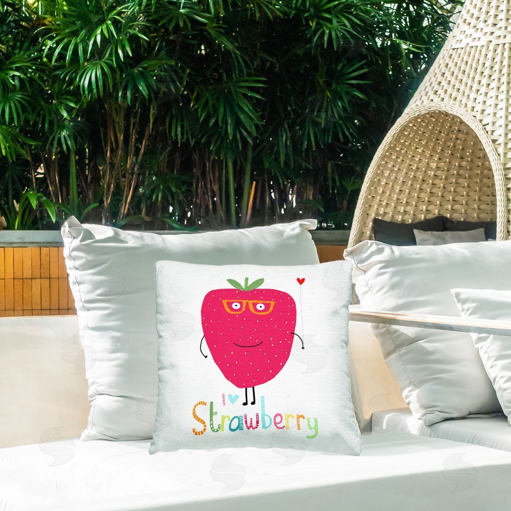 Carla Daly Fun Smiling Strawberry Outdoor Quick-Dry Polyester Printed Throw Pillow in Back Yard