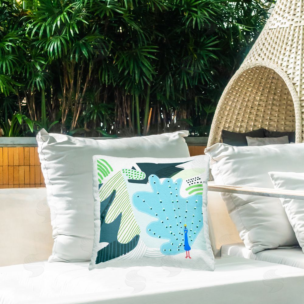 Carla Daly Whimsical Patterned Peacock Outdoor Quick-Dry Polyester Printed Throw Pillow in Back Yard