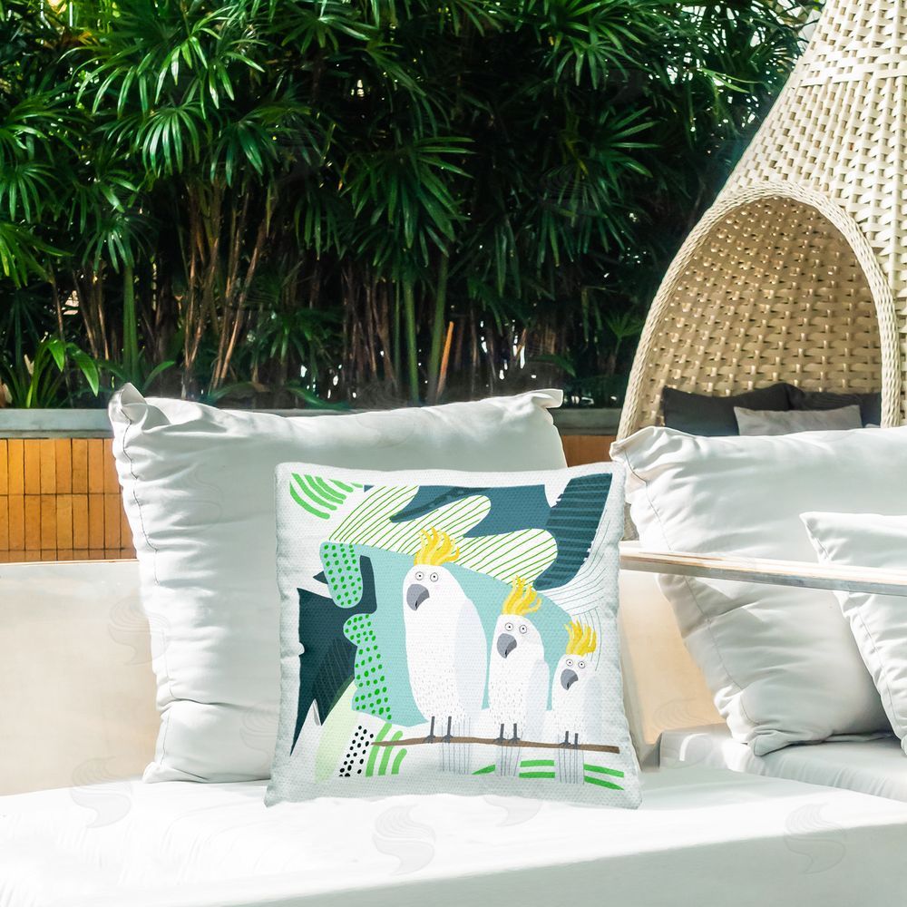 Carla Daly Whimsical Patterned Cockatoo Outdoor Quick-Dry Polyester Printed Throw Pillow in Back Yard
