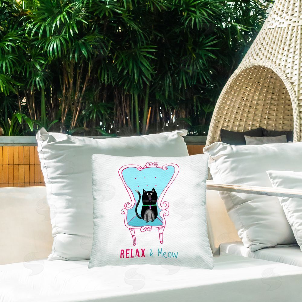 Carla Daly Relax & Meow Cat Outdoor Quick-Dry Polyester Printed Throw Pillow in Back Yard