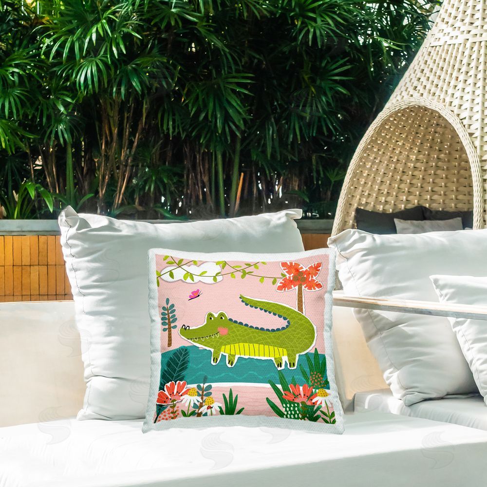 Tina Finn Alligator In Swamp Outdoor Quick-Dry Polyester Printed Throw Pillow in Back Yard