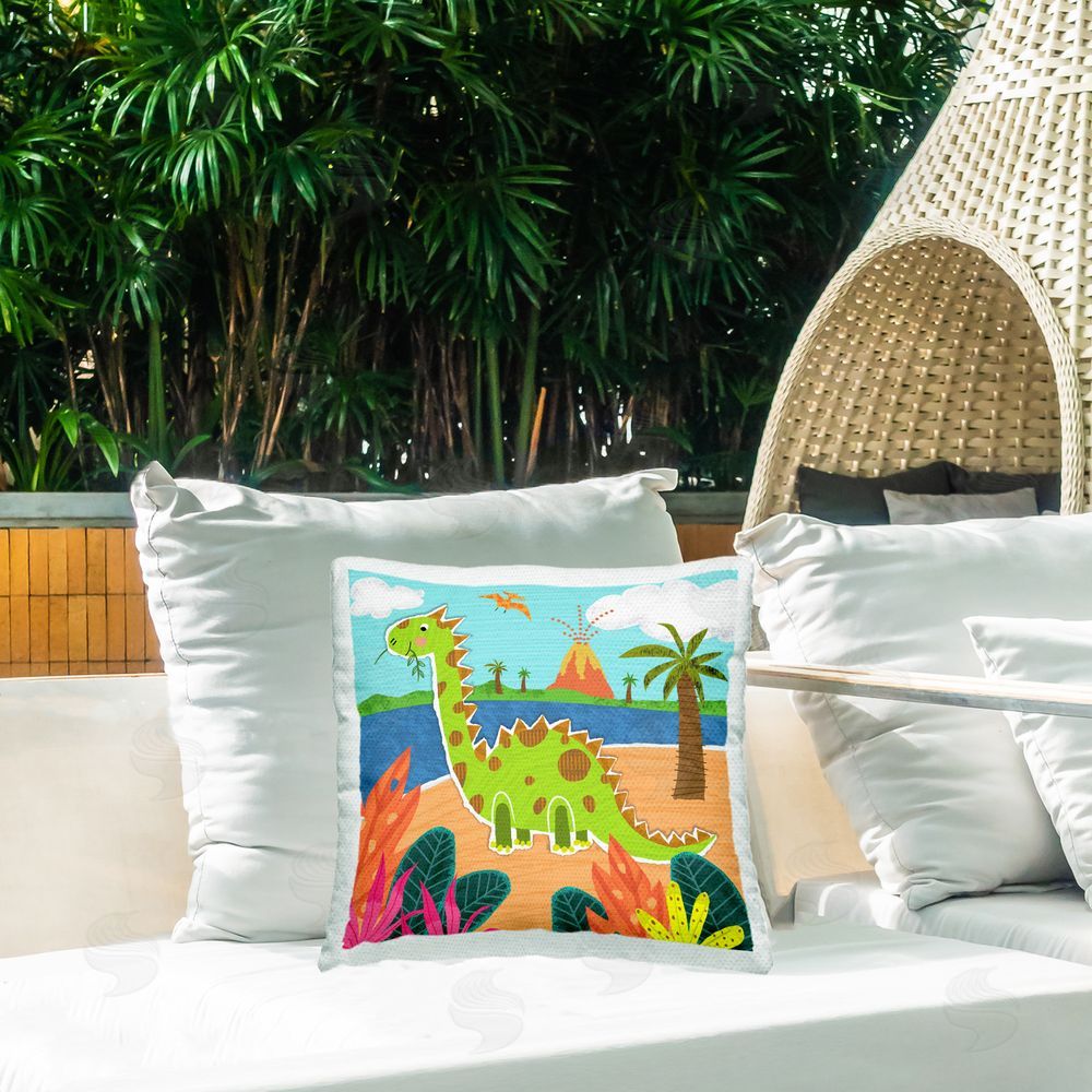 Tina Finn Dinosaur on Beach Outdoor Quick-Dry Polyester Printed Throw Pillow in Back Yard