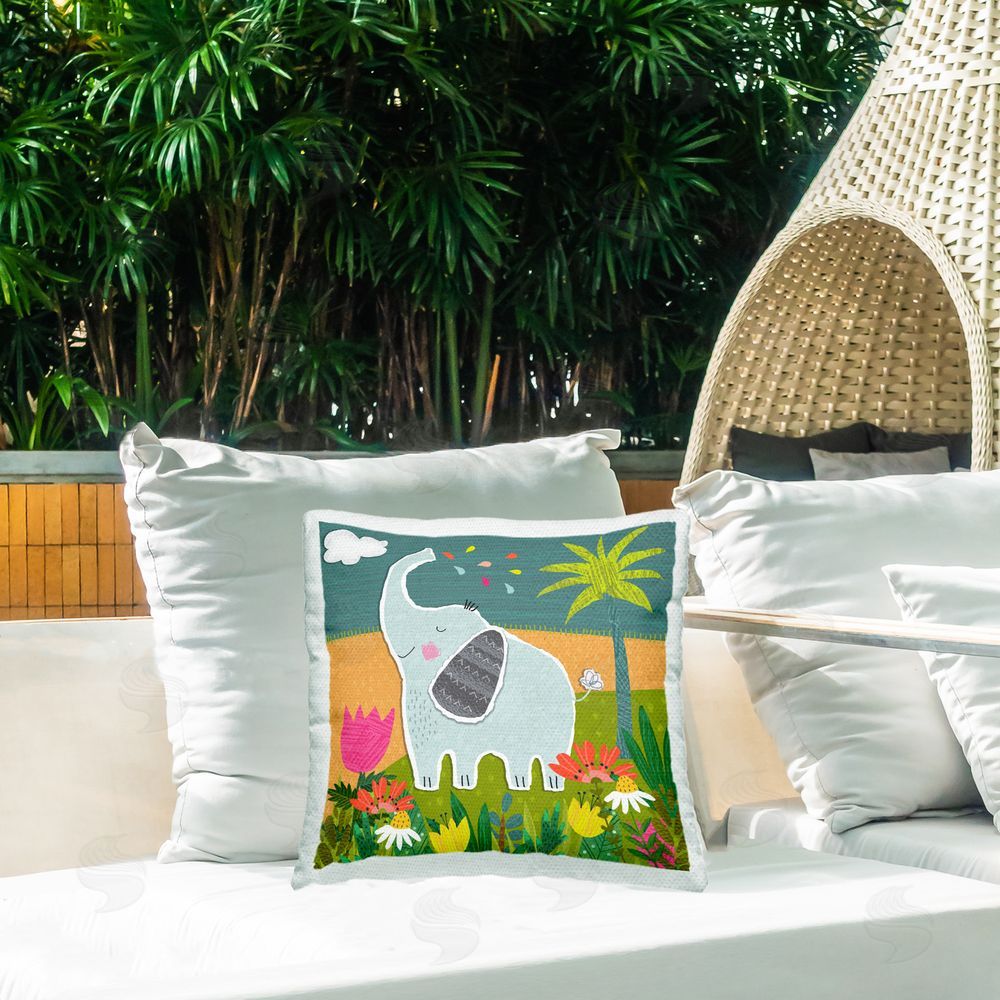 Tina Finn Tropical Elephant Scene Outdoor Quick-Dry Polyester Printed Throw Pillow in Back Yard